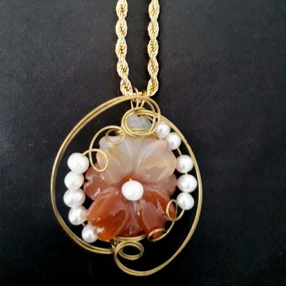 Vintage Jewelry - Vintage Carved Carnelian and Pearl Flower Pendant + Monet Chunky Gold Tone Chain